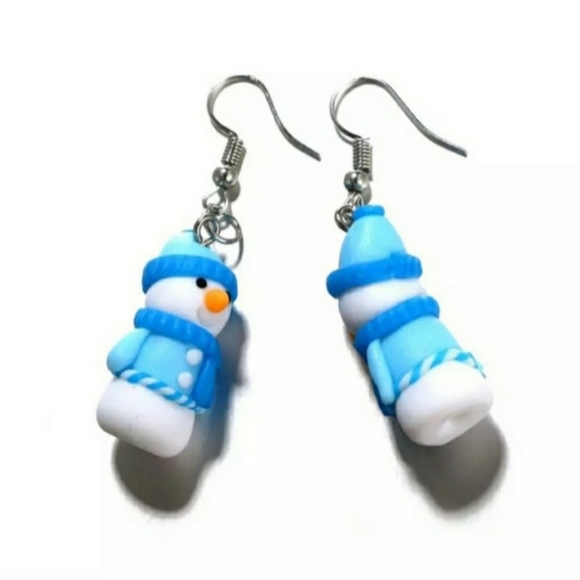 White & Blue Winter Holiday Snowman Dangle Drop Earrings New - Picture 3 of 9